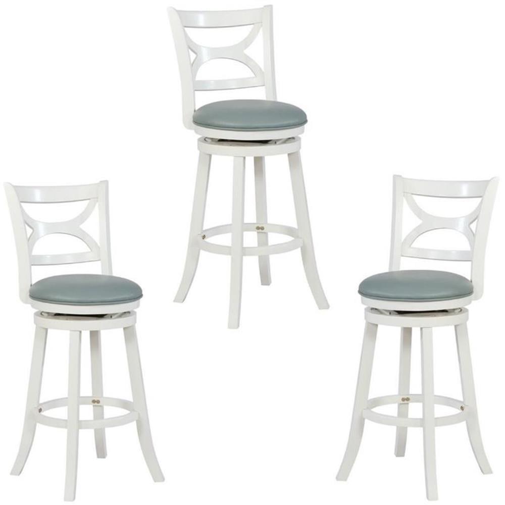 Cream and Blue Swivel Wood Bar Stools with Leather Seats, Set of 3