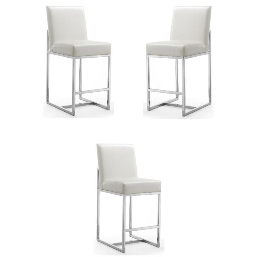 Pearl White Faux Leather Counter Stools with Chrome Base, Set of 3