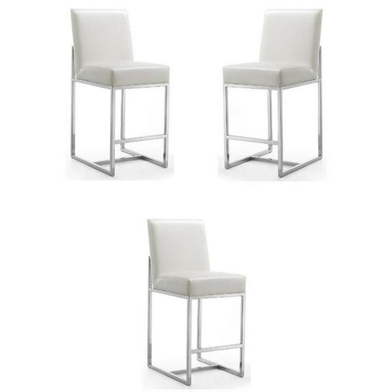Manhattan Comfort Set of 3 Element Upholstered Stainless Steel Counter Height Barstools Pearl White: Faux Leather, No Assembly Required