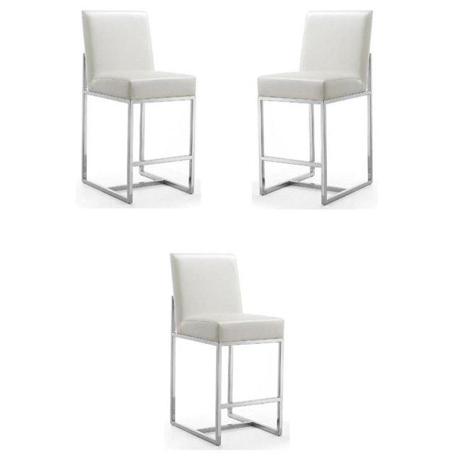 Manhattan Comfort Set of 3 Element Upholstered Stainless Steel Counter Height Barstools Pearl White: Faux Leather, No Assembly Required