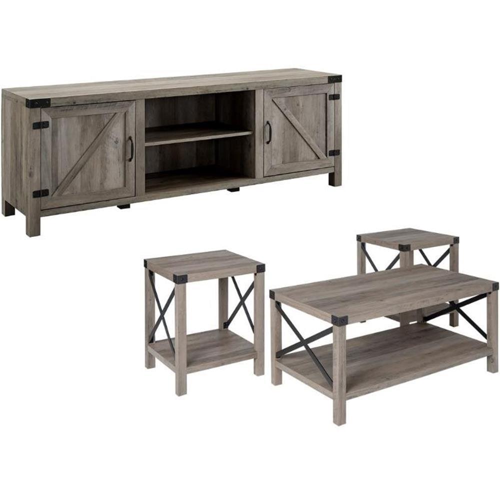 Rustic Gray Wash 4-Piece Barn Door TV Stand and Table Set