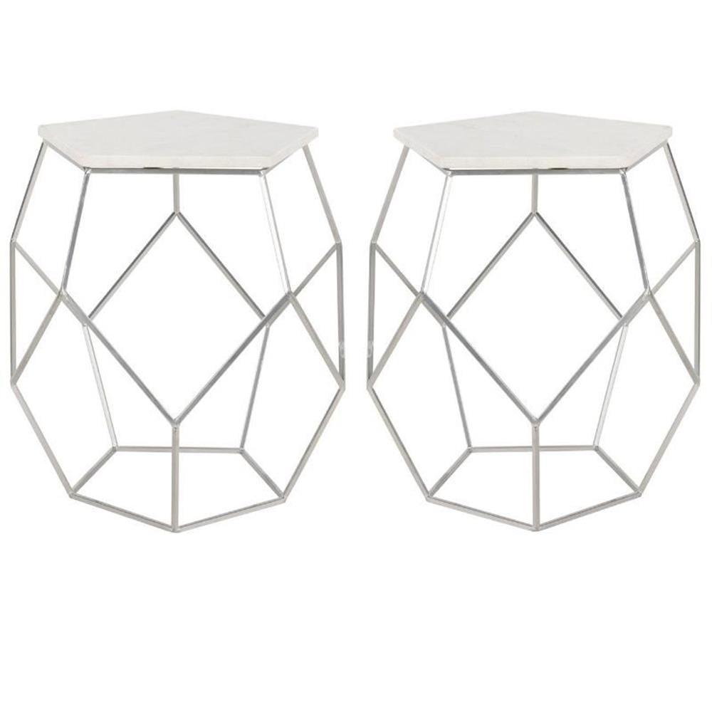 Home Square Abella Marble Top Accent End Table in Silver - Set of 2