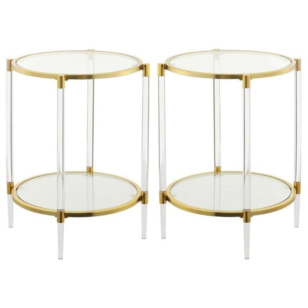 Clear Acrylic and Gold Two-Tier Round End Table Set