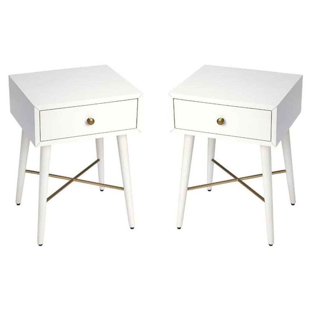 White and Gold Mid-Century Modern End Tables with Storage - Set of 2