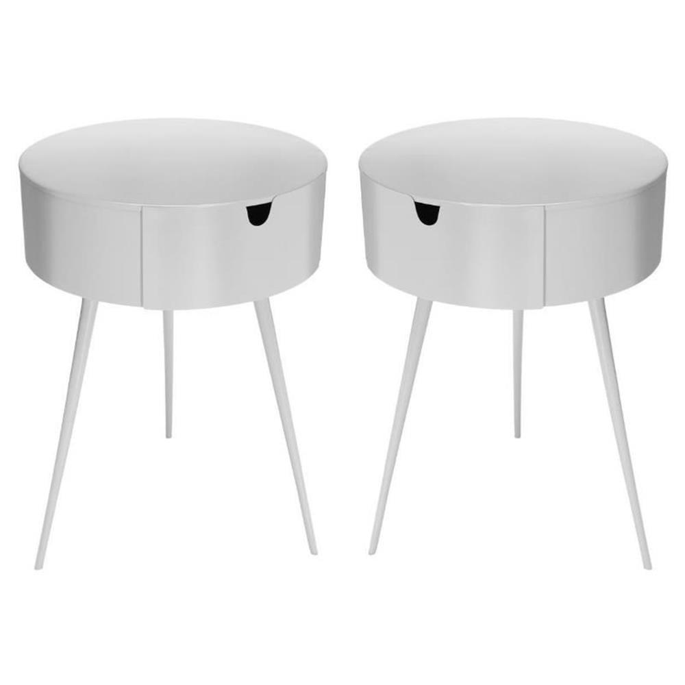 White Metal Round Nightstands with Single Drawer - Set of 2