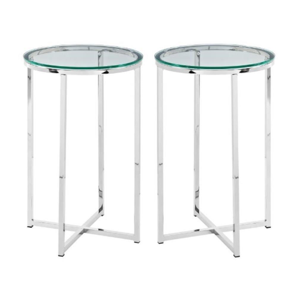 Modern Glam Metal-X-Leg End Table Set in Glass/Chrome (Set of 2)