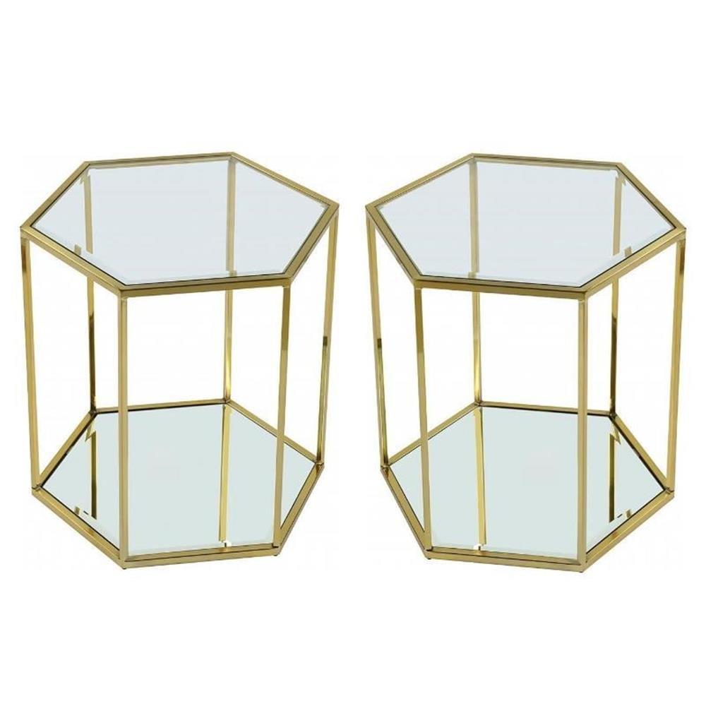 Hexagonal Brushed Gold and Glass End Tables - Set of 2