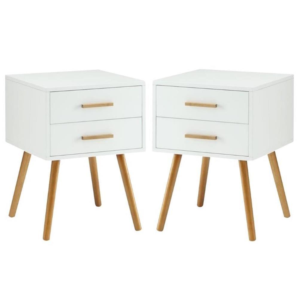 Oslo White Wood Two-Drawer End Table Set with Bamboo Handles