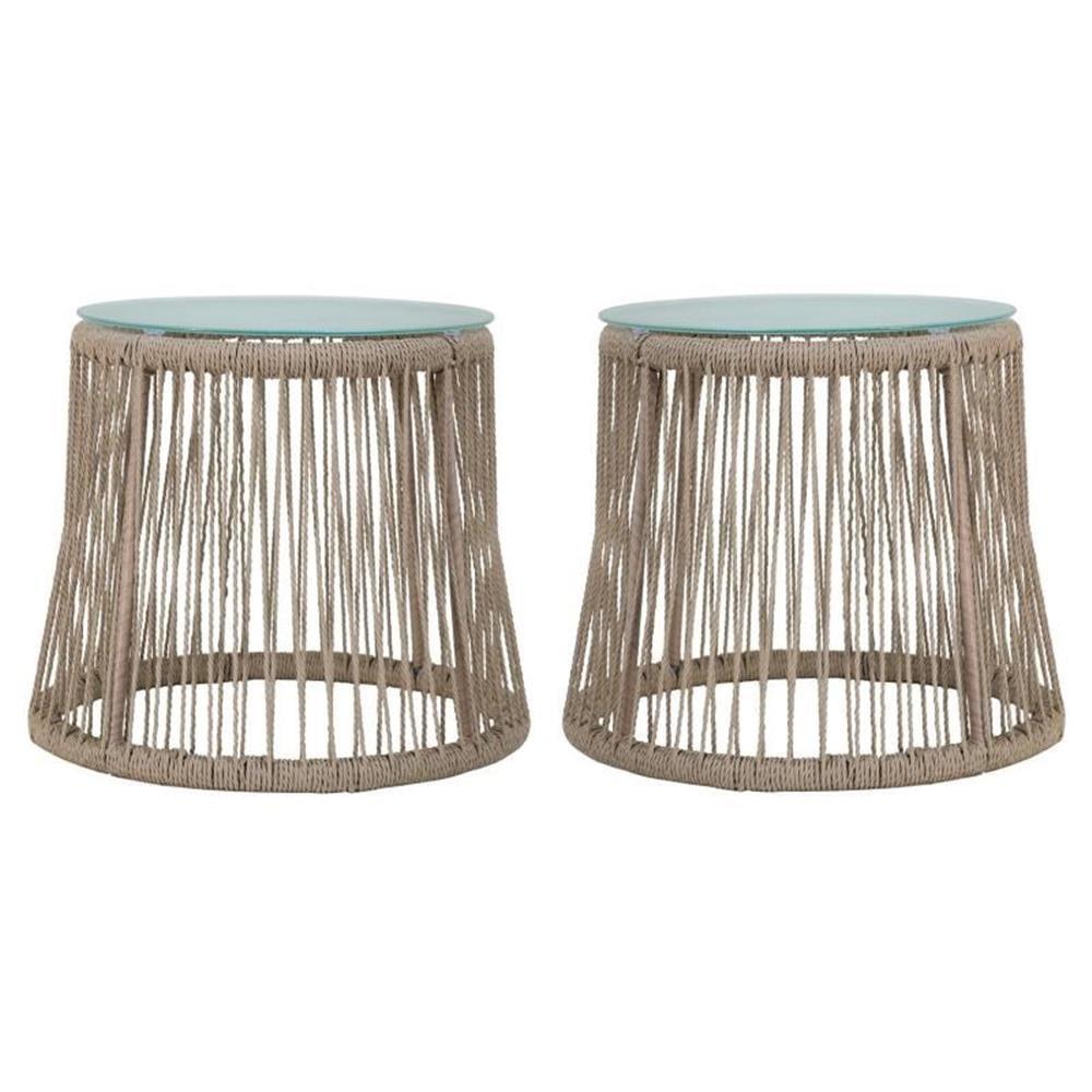 Brown Rope and Steel Outdoor Side Table Set with Tempered Glass Top