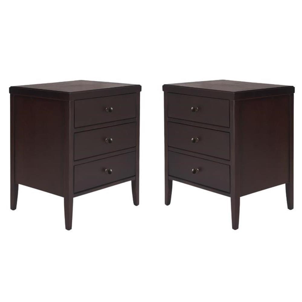 Dark Brown Solid Wood 3-Drawer Nightstand Set