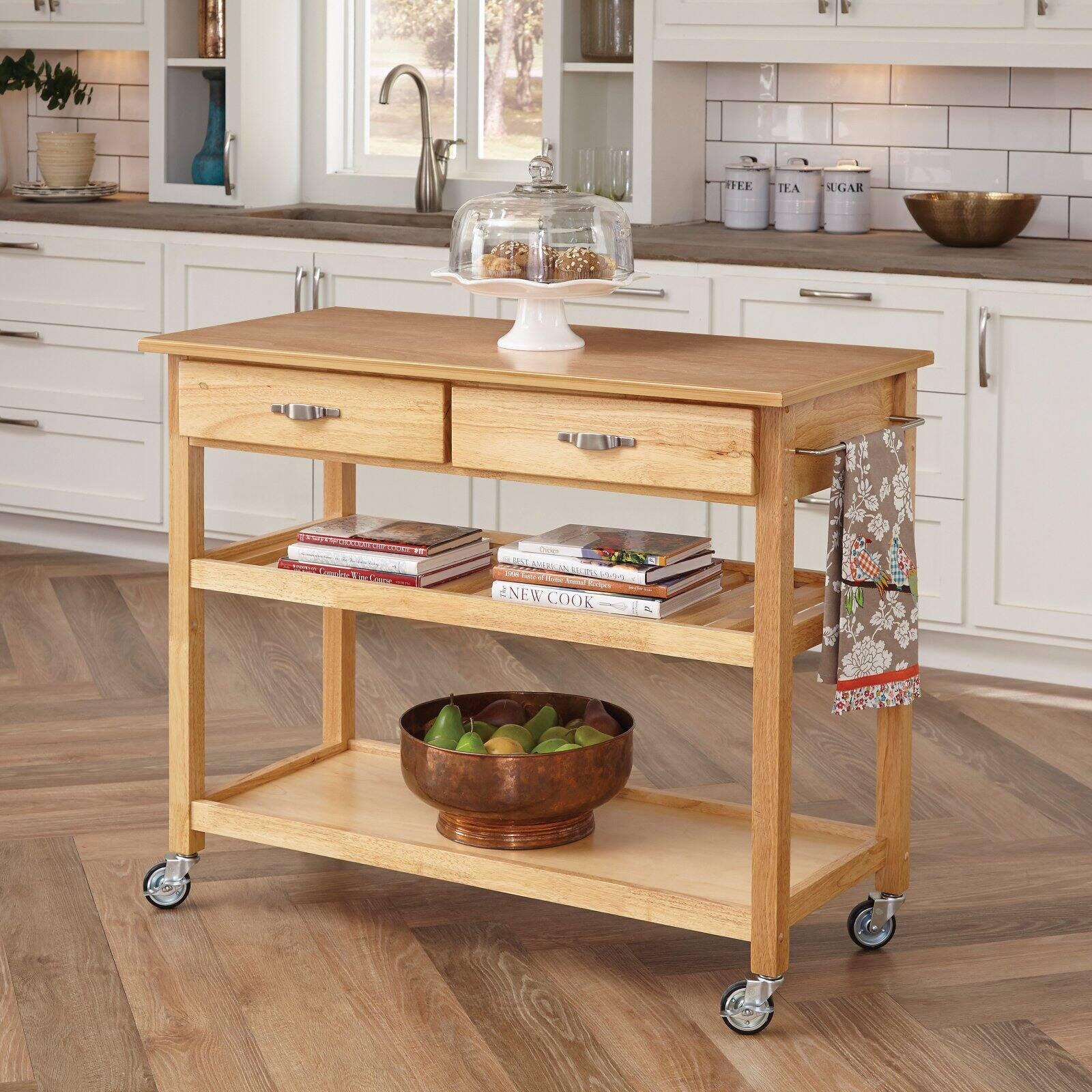Solid Wood Rectangular Kitchen Cart with Wine Rack and Storage