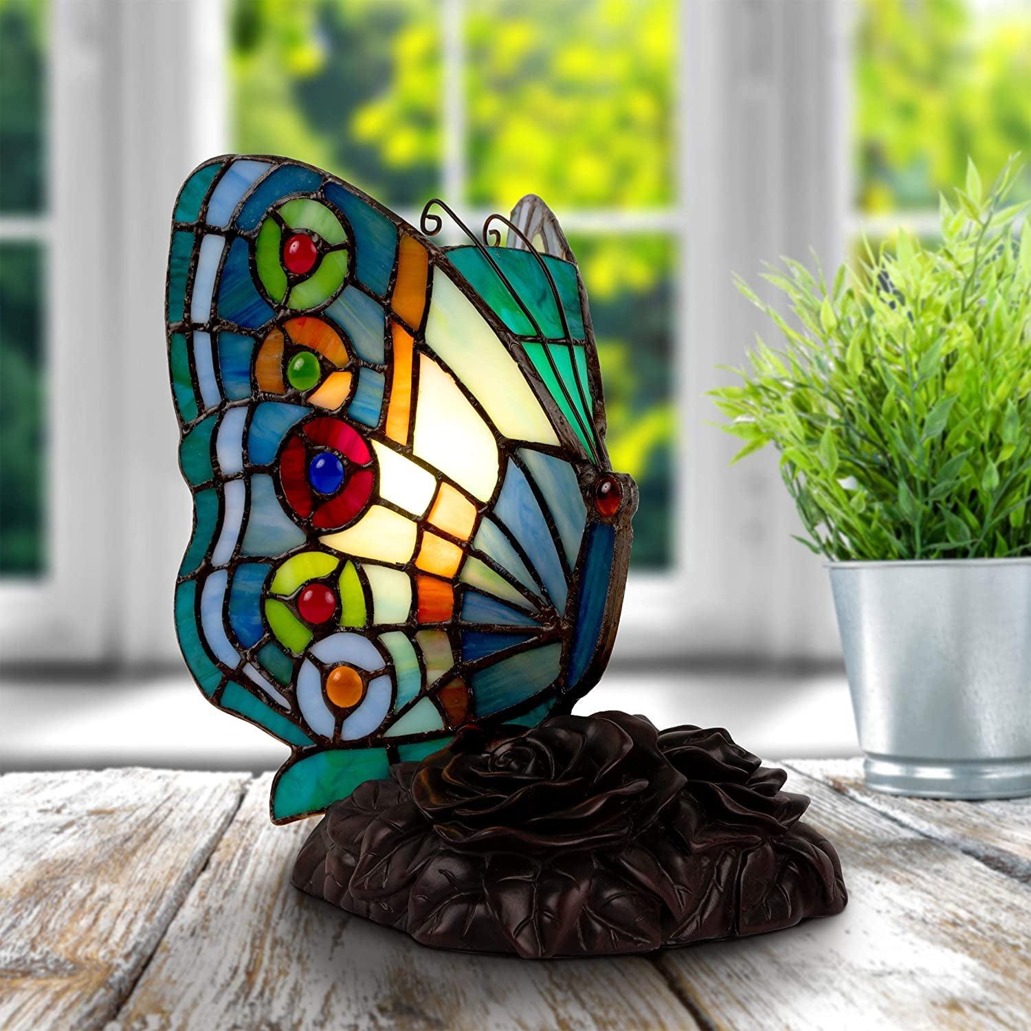 Home Tiffany Style Butterfly Lamp-Stained Glass Table or Desk Light LED Bulb Included-Vintage Look Colorful Accent Decor by Lavish (Rounded Wings)