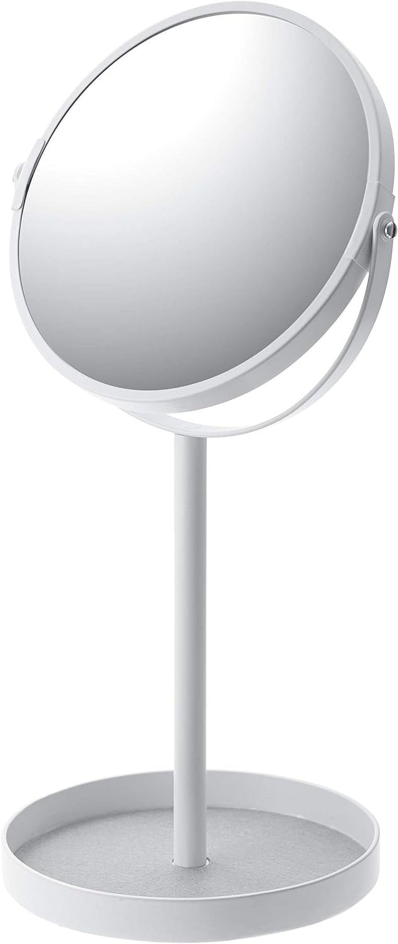 Yamazaki Home 13" Round Freestanding Vanity Mirror with Accessory Tray, White Steel