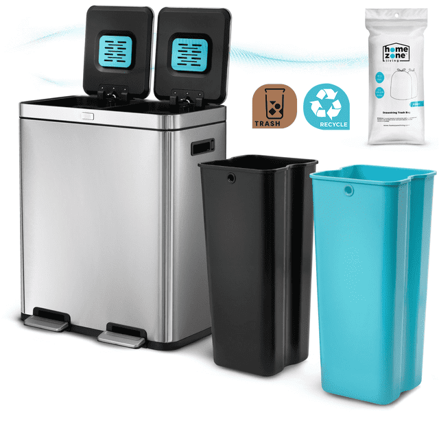 Home Zone Living 15.8 Gallon Stainless Steel Dual Kitchen Trash Can with CleanAura