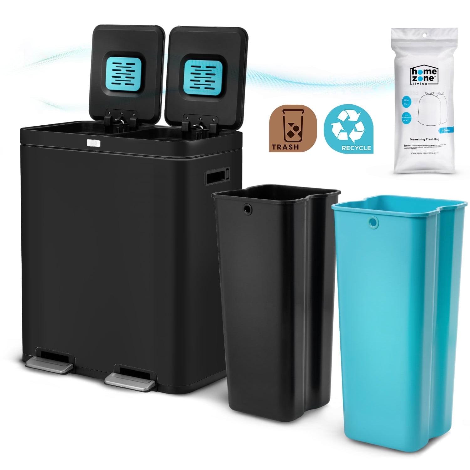 Home Zone Living 15.8 Gallon Stainless Steel Dual Kitchen Trash Can with CleanAura