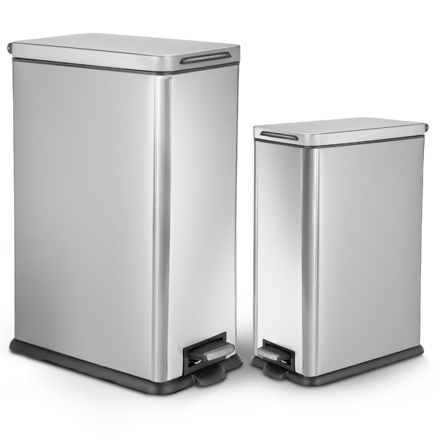 Slim Stainless Steel Step-On Trash Can Set, 8 and 2.5 Gallon, Silver