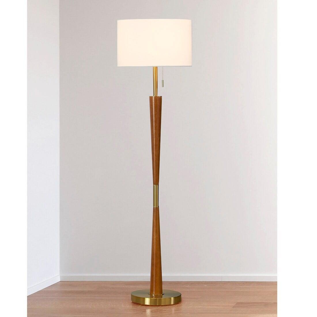 Century 61" Antique Brass and Wood Floor Lamp with White Linen Shade