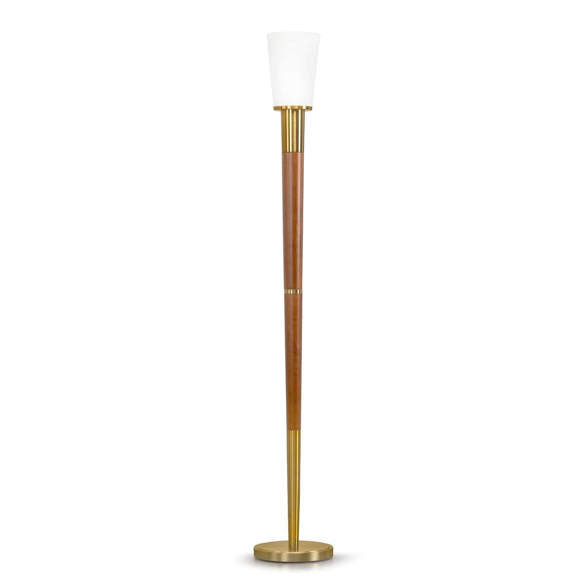 Manhattan Walnut and Brushed Brass Torchiere Floor Lamp with Glass Shade