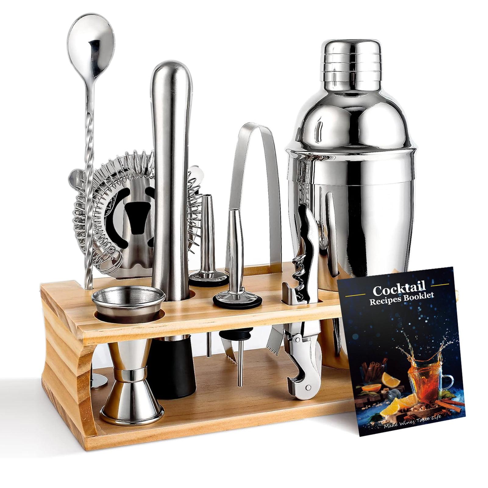 Joyfeel 10Pcs Bartending Tools Set Stainless Steel Cocktail Shaker Kit Mixology Drink Mixer Mixing Glass Measuring Jigger Strainer Muddler Bamboo Rack Bar Accessories for Home Professional Bartenders