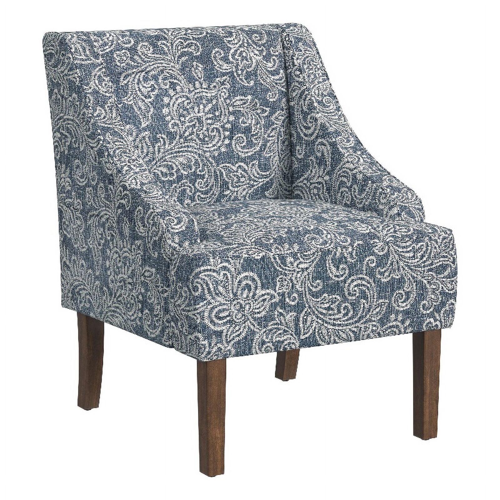 Blue Denim Jacobean Print Swoop Arm Accent Chair with Wood Legs