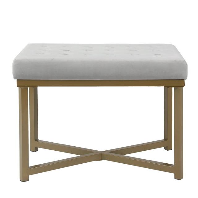 Tufted Velvet Ottoman - Silver - HomePop: Upholstered Footstool, Metal Legs, Polyester Fabric