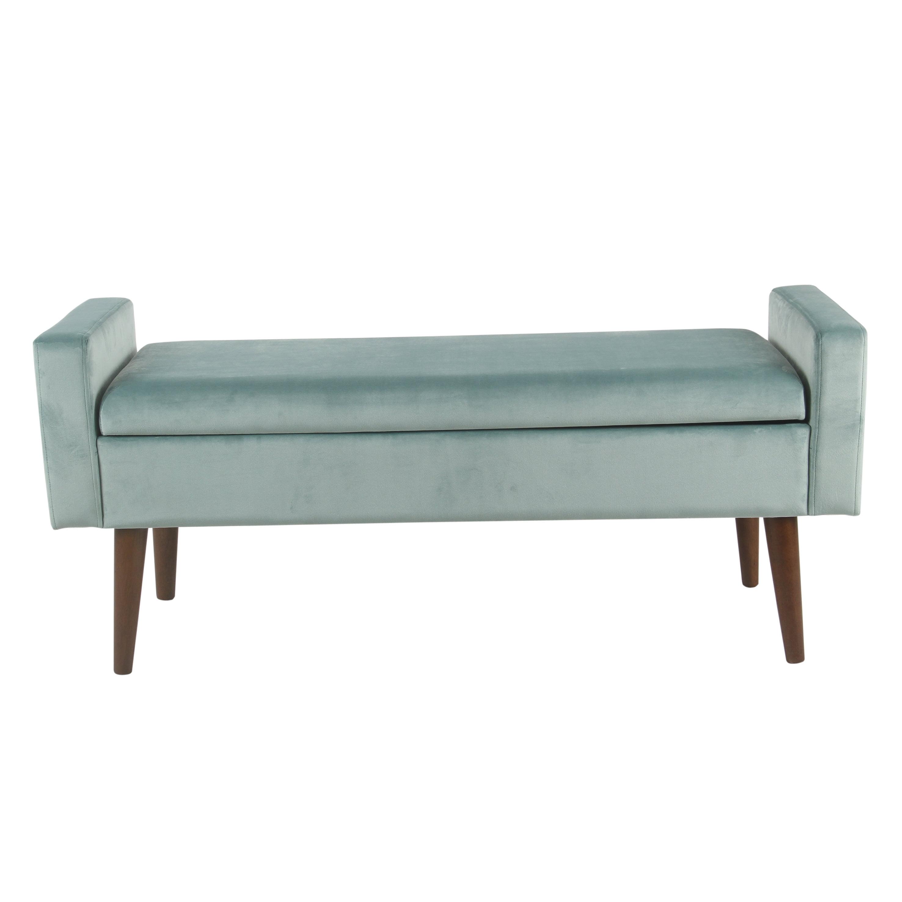 HomePop Fulton Velvet Storage Bench Aqua Blue: Mid-Century, Hinged Lid, Upholstered, Plywood Frame