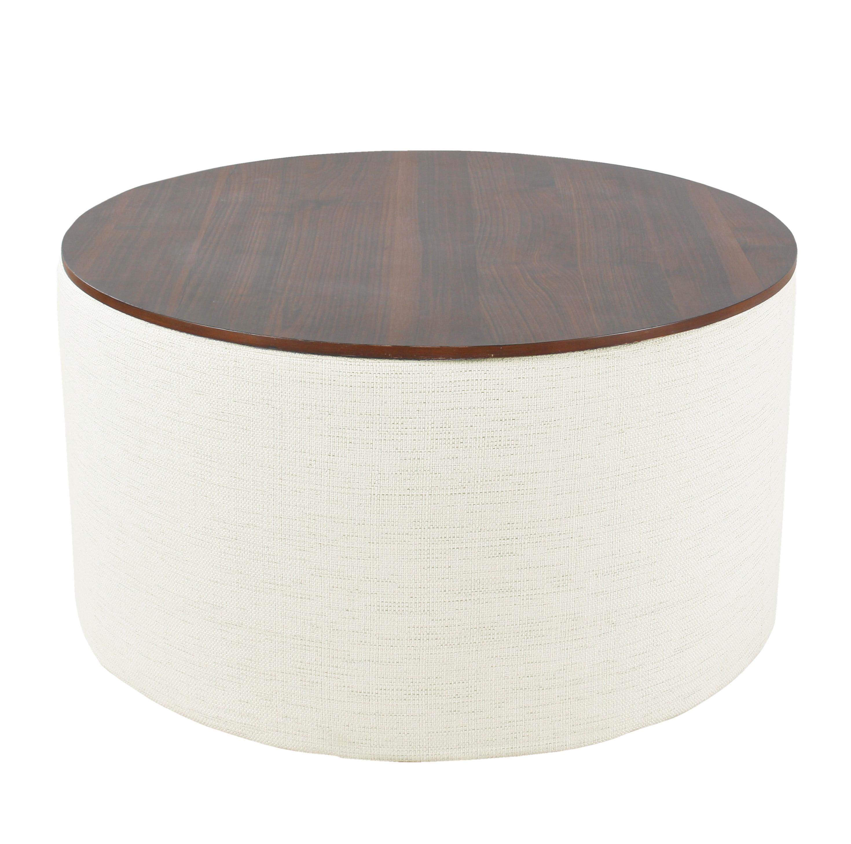 Modern Cream Woven Storage Ottoman with Dark Walnut Wood Top 31"