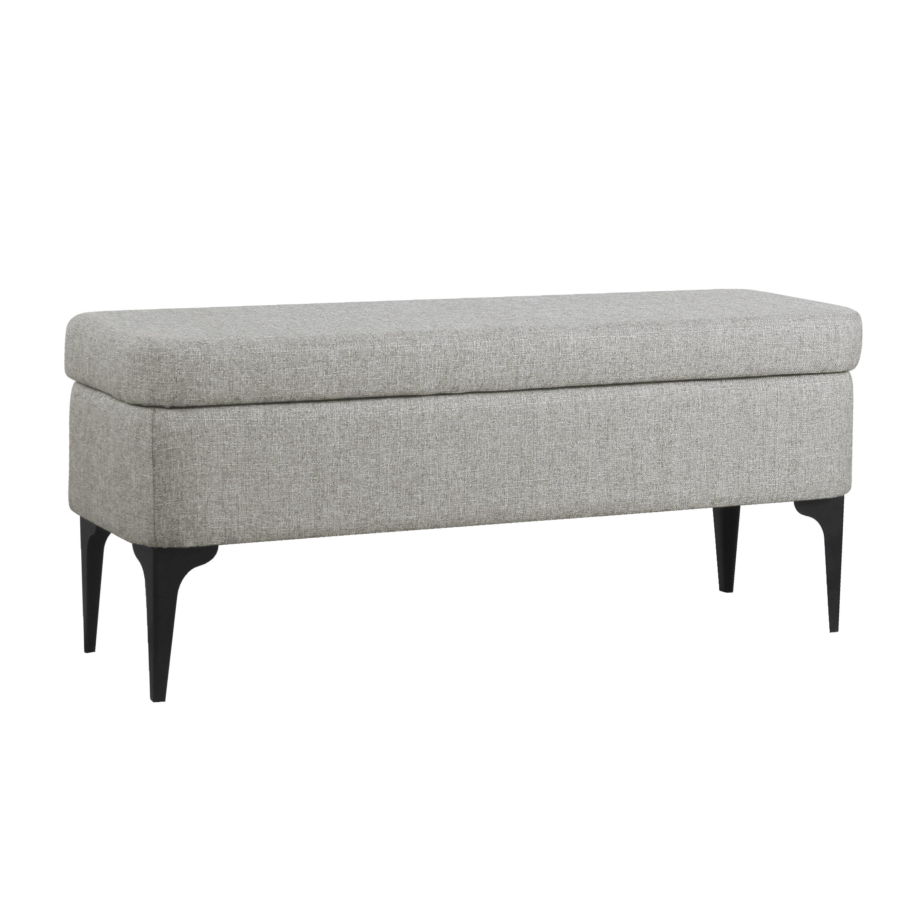 Large Gray Upholstered Storage Bench with Black Metal Legs