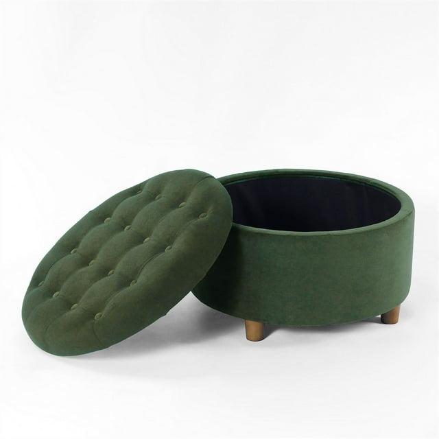 Tufted Round Storage Ottoman Loden Green Velvet - HomePop: Velvet Footstool, Honey Oak Legs, 250lb Capacity