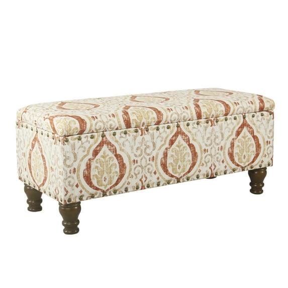 Large Storage Bench with Nailhead Orange/Cream Medallion - HomePop: Upholstered Rectangular Ottoman for Bedroom
