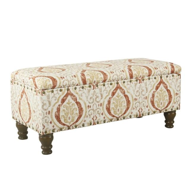 Large Storage Bench with Nailhead Orange/Cream Medallion - HomePop: Upholstered Rectangular Ottoman for Bedroom