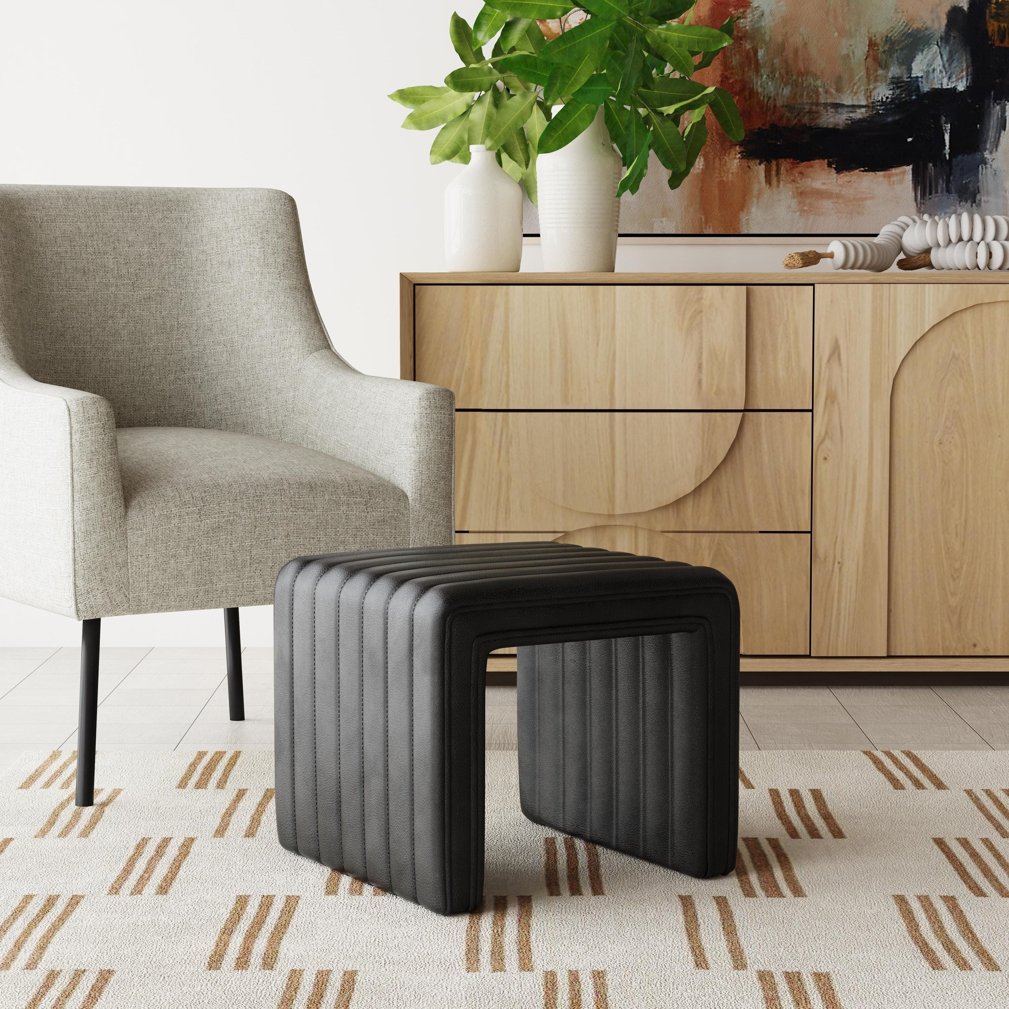 HomePop Modern Channel Faux Leather Ottoman Black: Upholstered Square Bench, No Assembly Required
