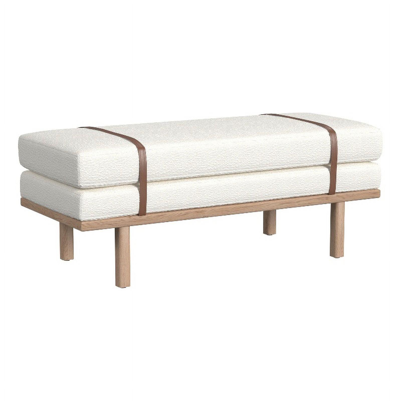 Cream Boucle Upholstered Bench with Faux Leather Straps