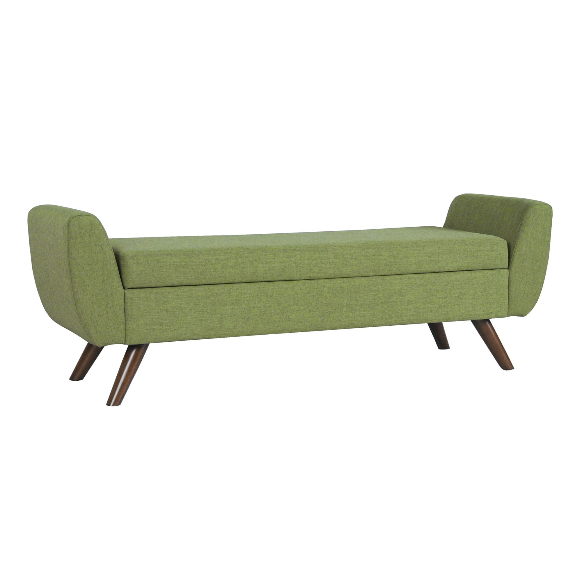 Olive Green Woven Modern Storage Bench with Mid-Tone Walnut Legs