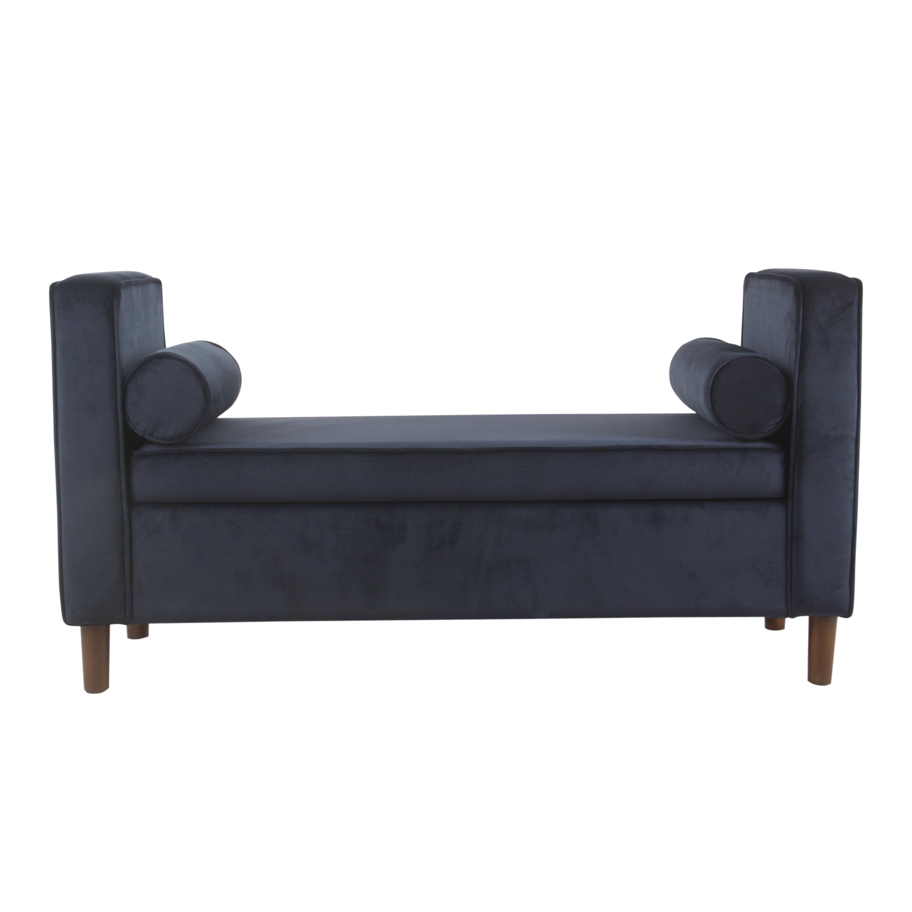 Mid-Century Dark Navy Velvet Storage Bench with Bolster Pillows