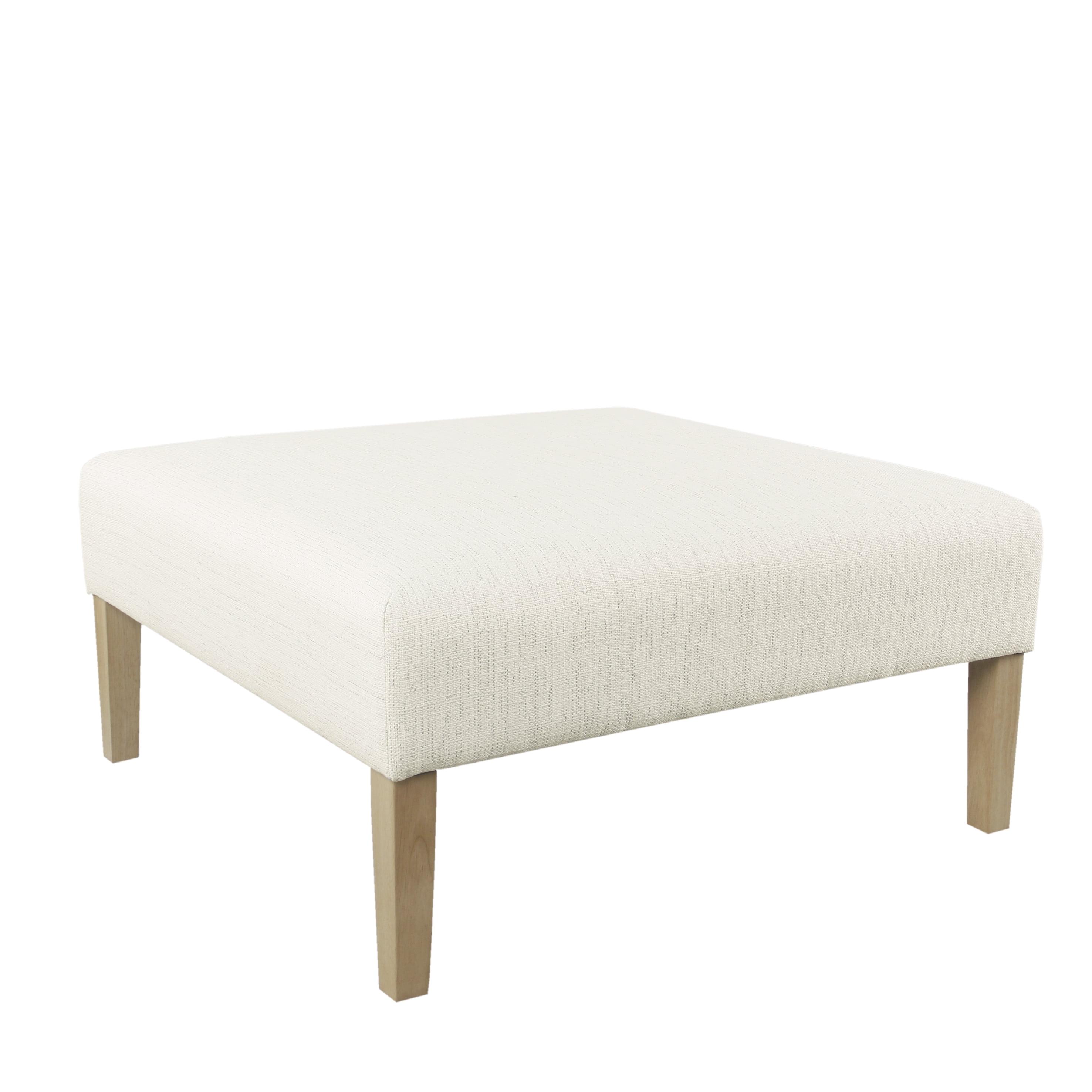 Transitional Square Cream Woven Ottoman Coffee Table with Natural Wood Legs