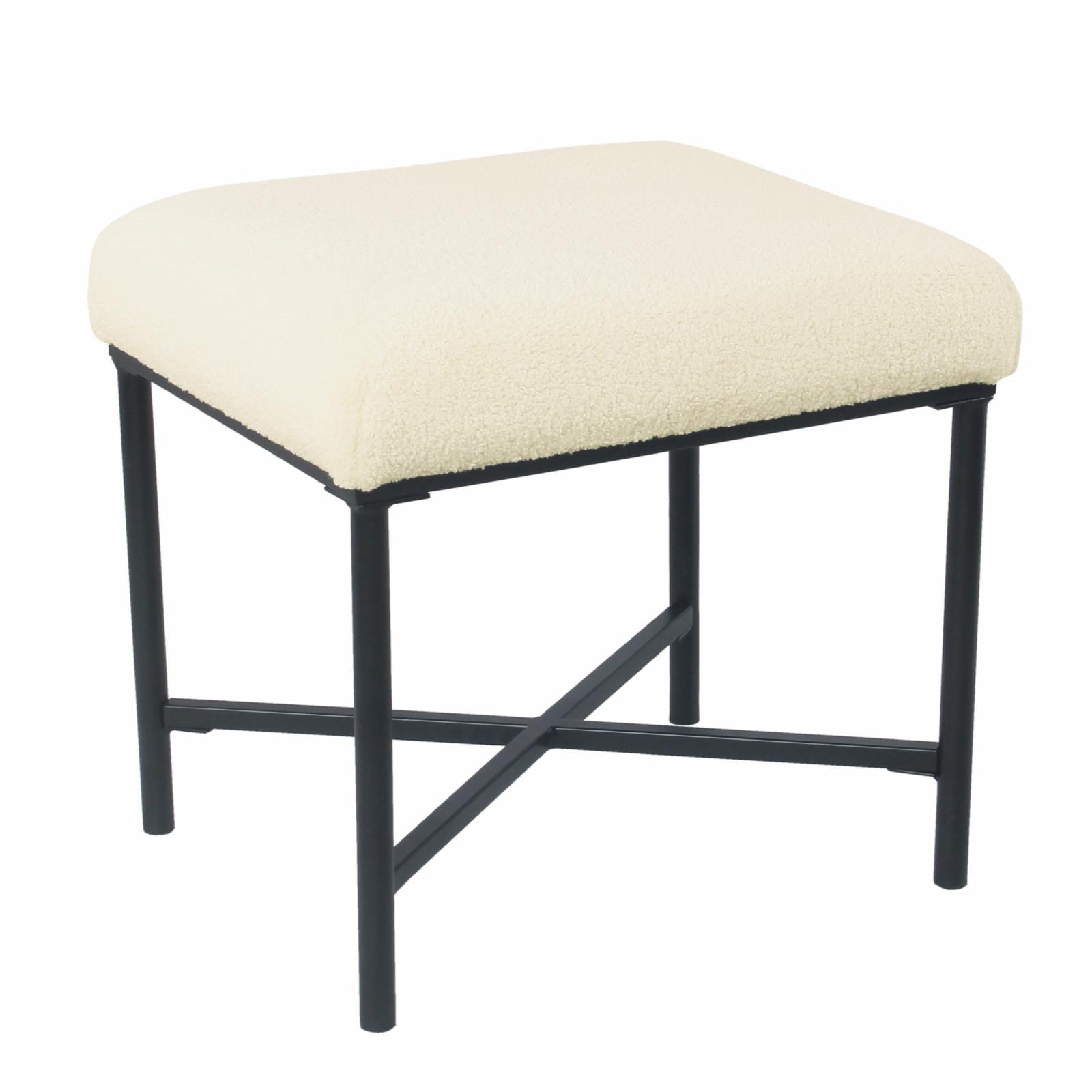 Cream Faux Sheepskin Square Ottoman with Black Metal Base