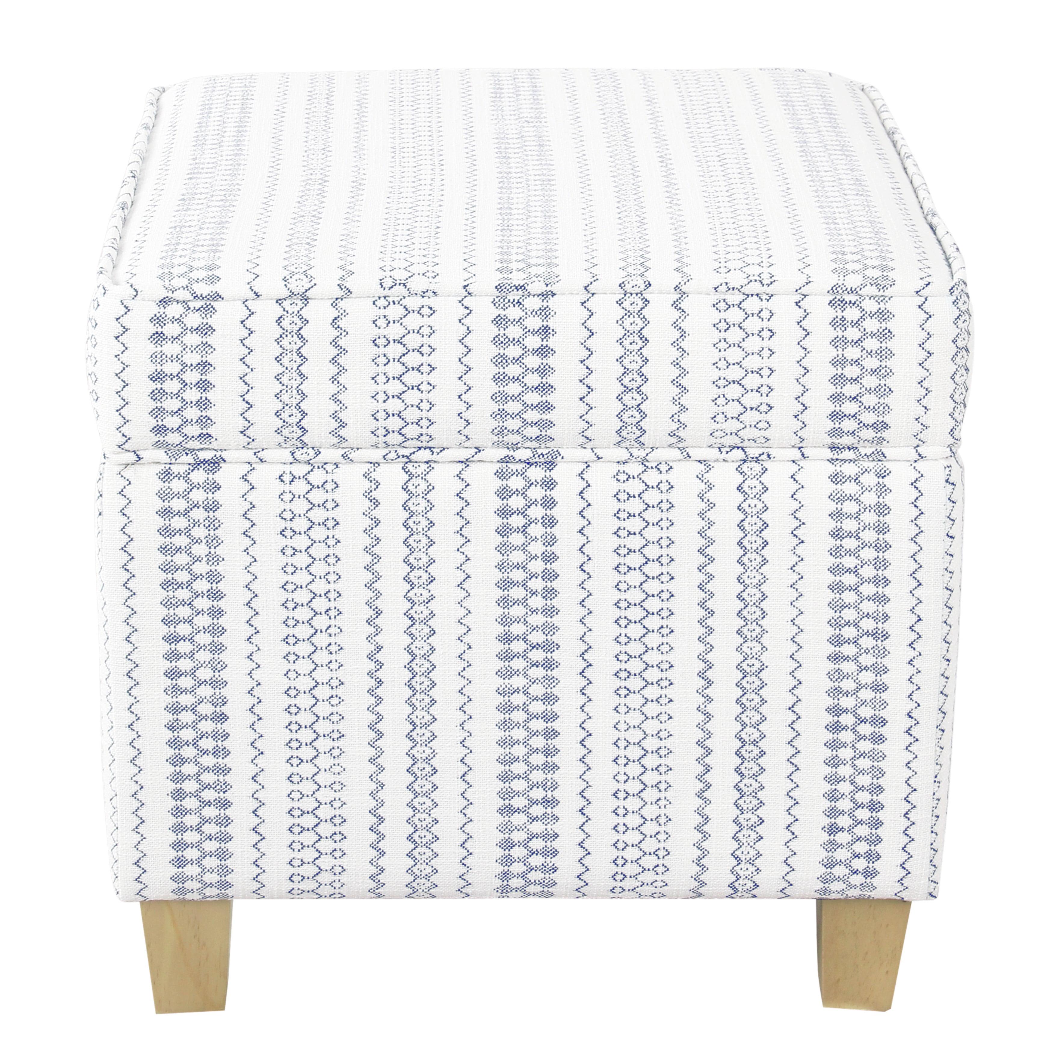 Farmhouse Blue Striped Square Storage Ottoman with Wood Legs