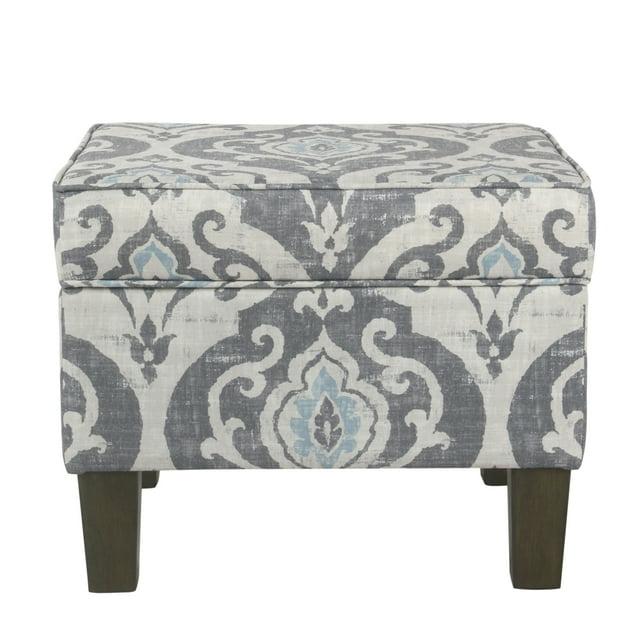 Medium Storage Ottoman Gray/Blue - HomePop: Upholstered Rectangular Footstool with Damask Pattern, Plywood & Hardwood Frame