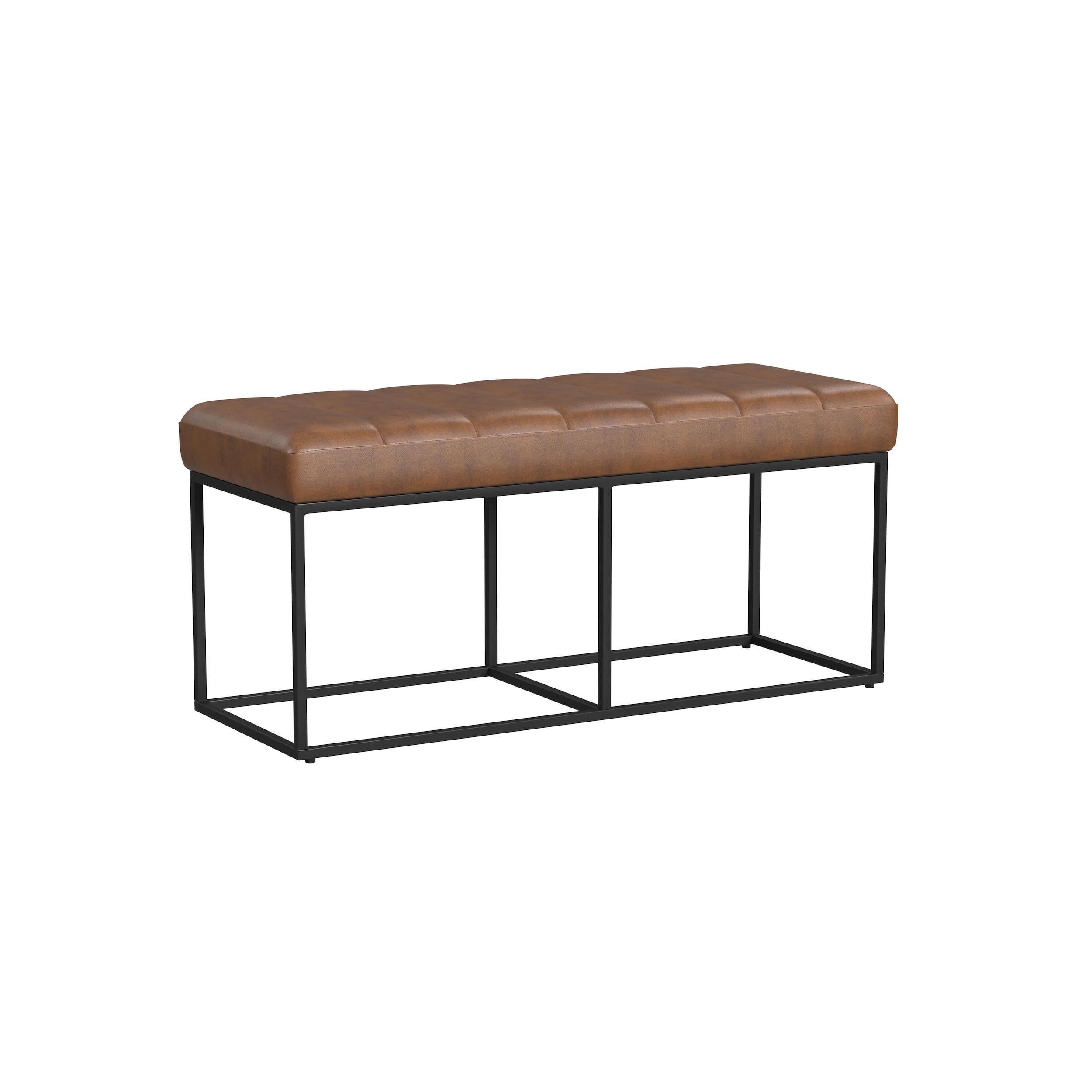 Theodore 42.5" Brown Faux Leather and Black Metal Bench