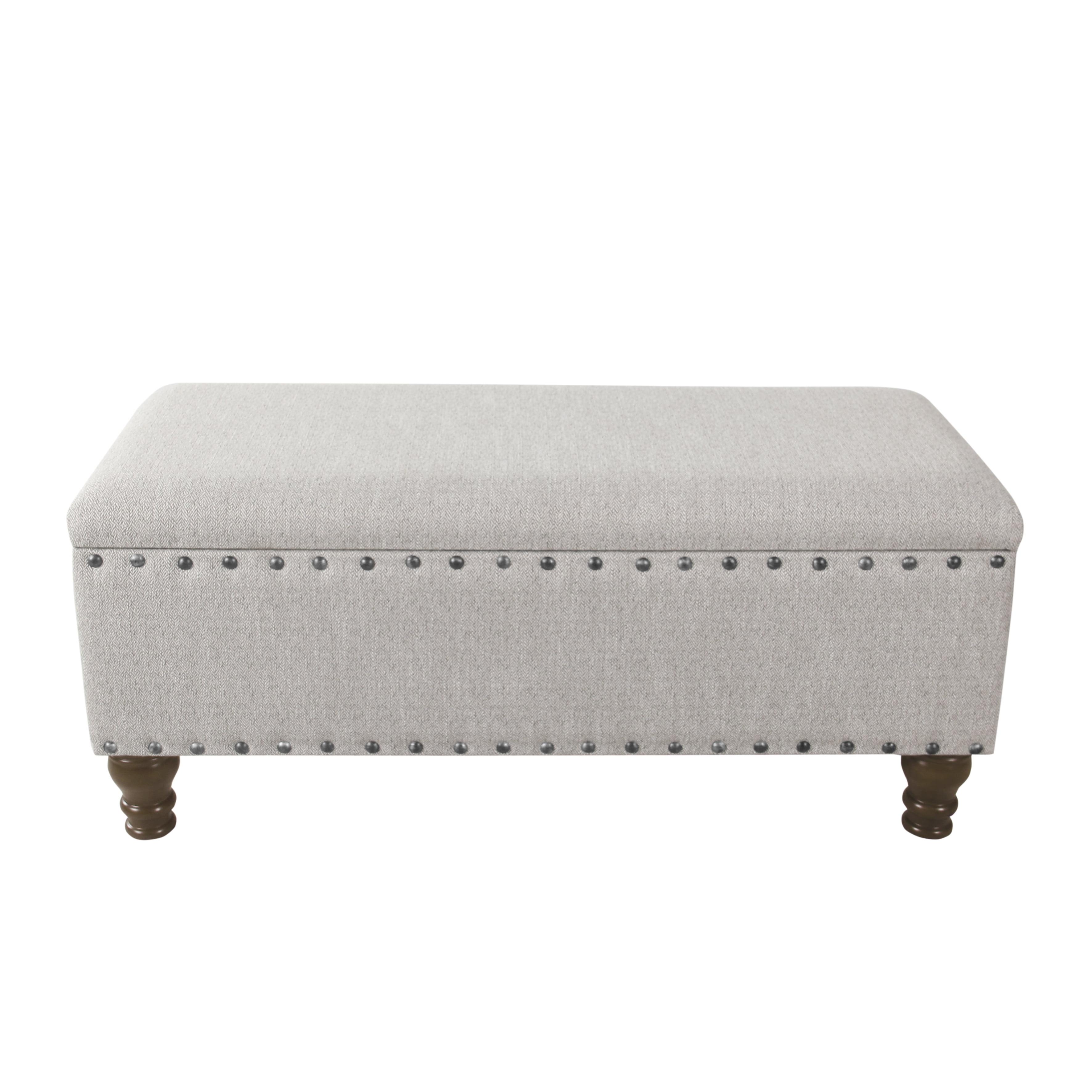 Gray Upholstered Storage Bench with Nailhead Trim and Walnut Legs