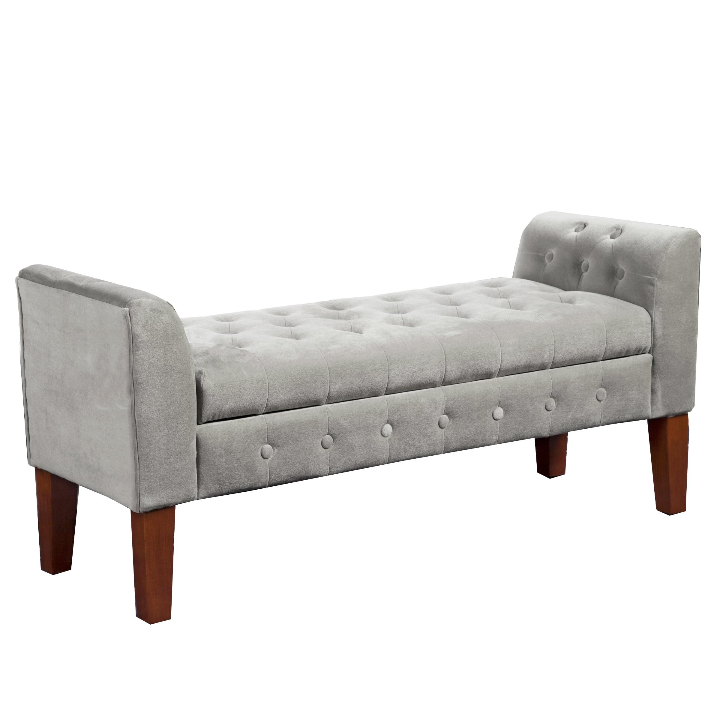 Light Gray Velvet Tufted Storage Bench with Wood Legs