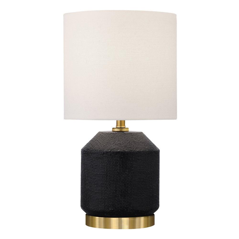 Evelyn&Zoe Esther 15" Tall Textured Ceramic Mini Lamp with Fabric Shade, Matte Black/Antique Brass/White
