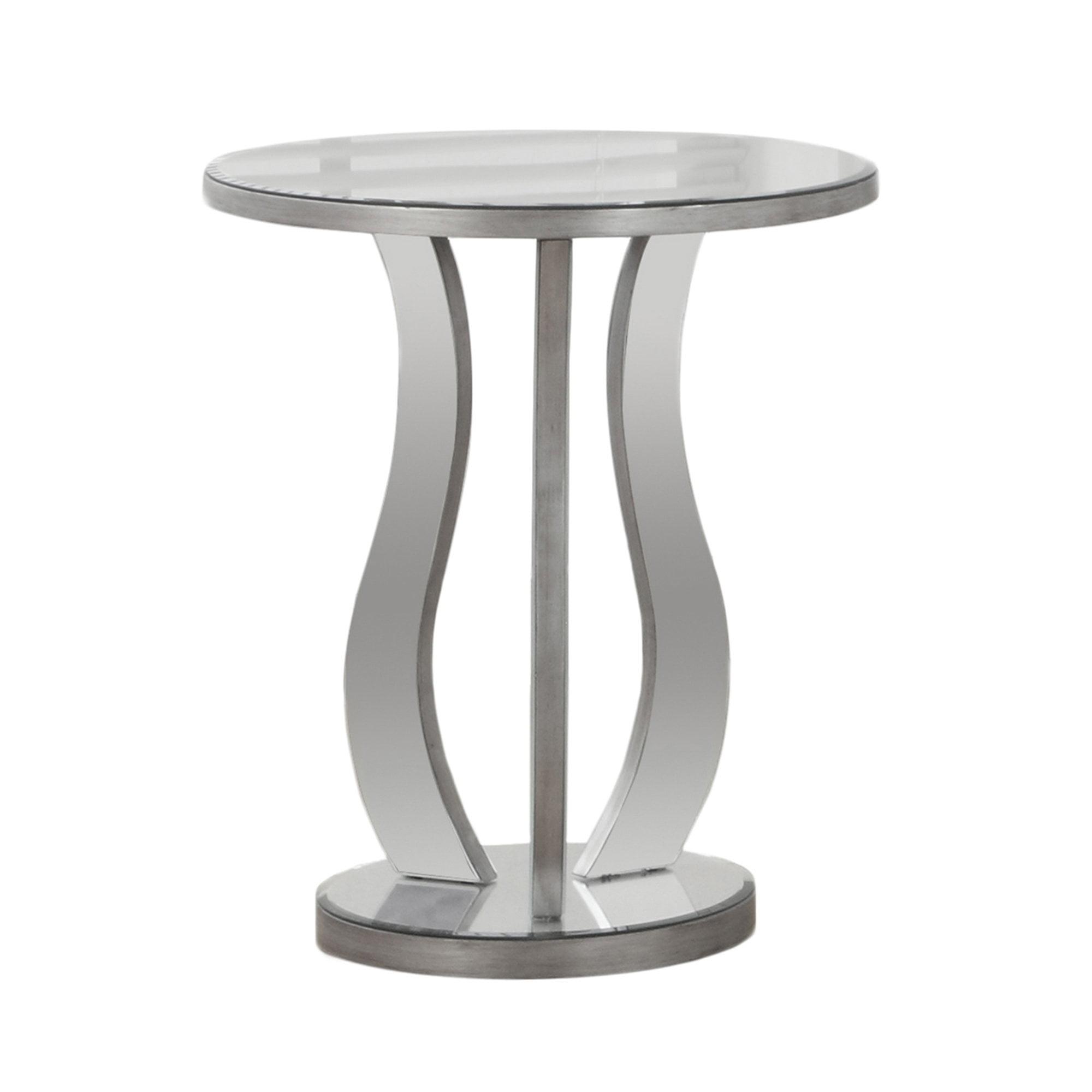 Round Silver Mirrored Glass and Wood End Table