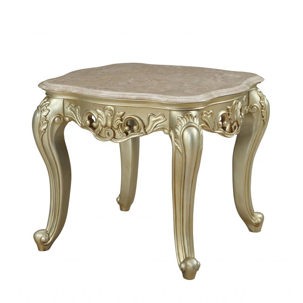 Traditional Antique White Square End Table with Scalloped Marble Top and Floral Detailing, 28''D x 28''W x 24''H,  Furniture