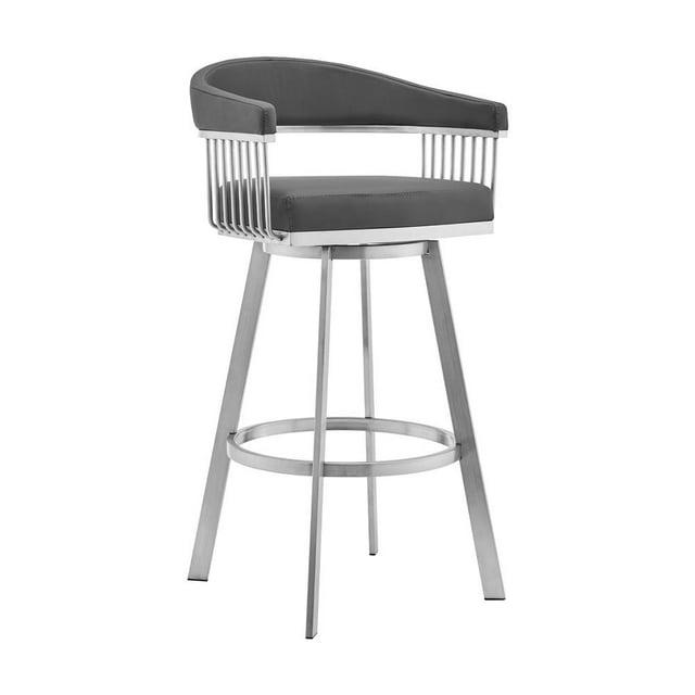 HomeRoots 30" Mod Grey Faux Leather Brushed Silver Finish Swivel Bar Stool