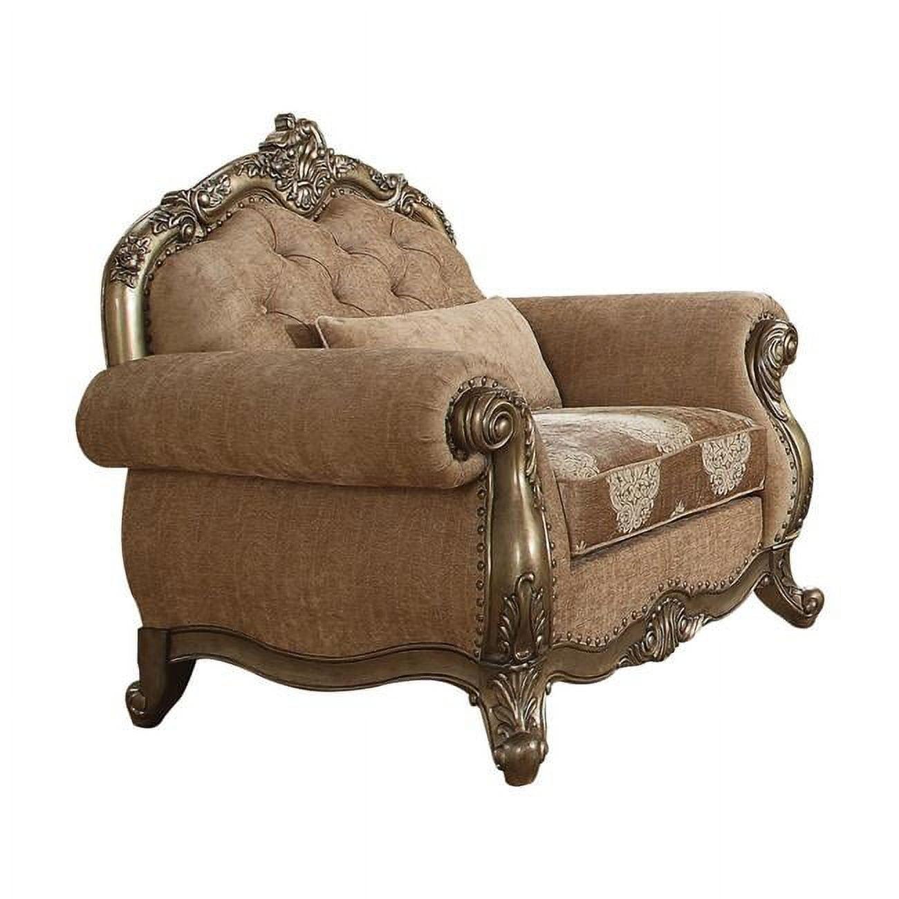 Elegant Vintage Oak and White Fabric Tufted Armchair with Decorative Pillow