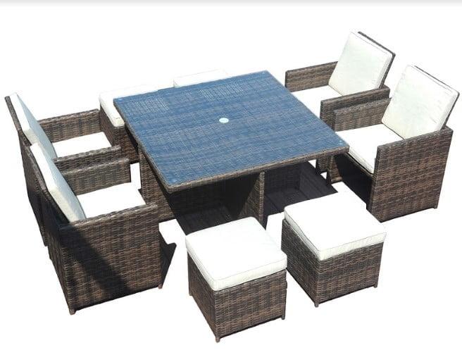 101" Brown Wicker 9-Piece Outdoor Dining Set with Beige Cushions