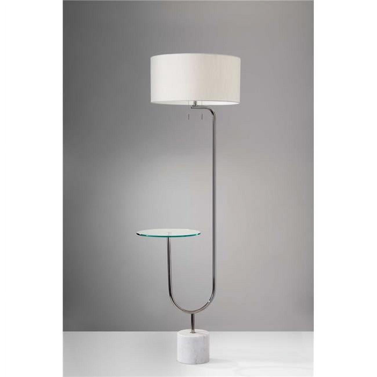 Sleek White Marble & Glass Shelf Floor Lamp with Polished Nickel Finish