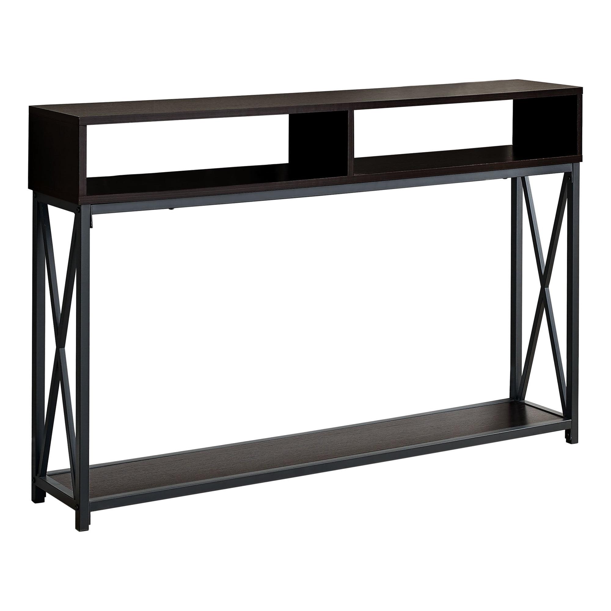 Espresso and Black Metal Console Table with Storage Shelves